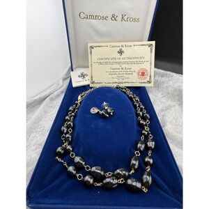 JBK Camrose & Kross Necklace Earrings Set Signed In Box Faux Black Pearls